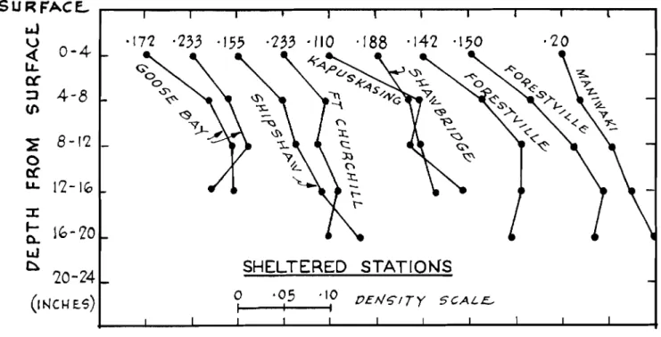FIGURE  3 .   AVERAGE  DENSITY-  DEPTH  CHANGES  AT  SELECTED  STATIONS  ACROSS  C A N A D A 