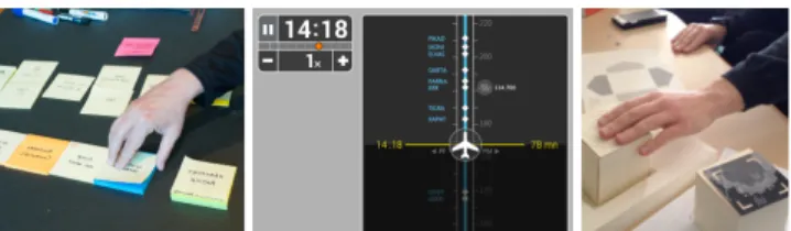 Figure 3. a) Prototyping a tangible briefing; b) a timeline; c)  tangible cubes for data management and crew collaboration