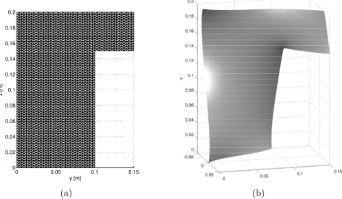 Figure 2.11 – Cas de la section Ls : 2.11(a) : Maillage utilisé pour le calcul de la fonction de gauchissement ; 2.11(b) : Profil de gauchissement de la section.