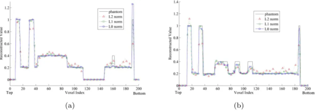 Figure 8. line profile for noisy projections (0.5% additive Gaussian noise) reconstructions, corresponding to vertical line placed in Fig