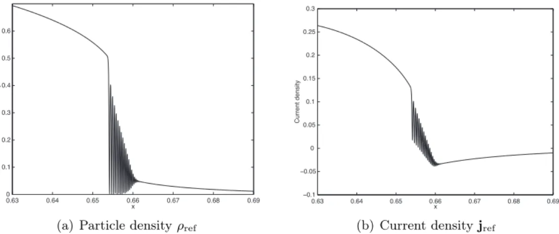 Figure 3: Zoom around singularity of density and current at time T ∗ = 0.13 and for ε = 10 −4 