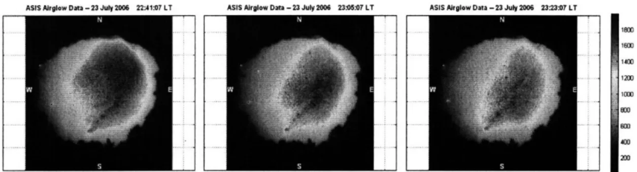 Figure  1-3:  All-sky  imager  data  for  6300  A  airglow  emission  recorded  on  the night  of 23/24  July  2006,  indicating  a  plasma  structure  drifting  southward.