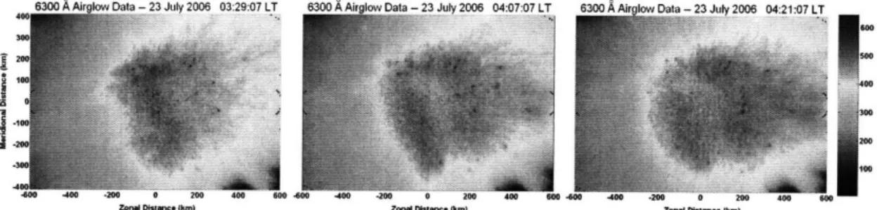 Figure  3-3:  Three  airglow  intensity  maps  from  the  night  of  22/23  July  2006  which were recorded  at 03:29:07  LT,  04:07:07  LT, and  04:21:07  LT