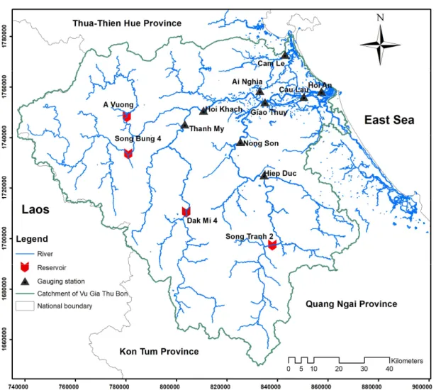 Figure 2.4. Gauging stations and four major reservoirs in the Vu Gia Thu Bon  catchment