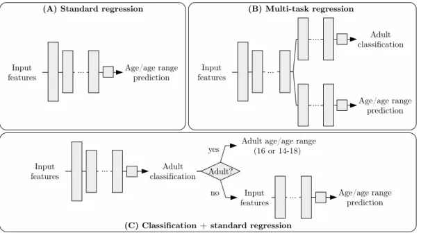 Figure 1: Overview of the 3 types of models. For each of them, the prediction can be either an age or a range of ages from which a text can be read.