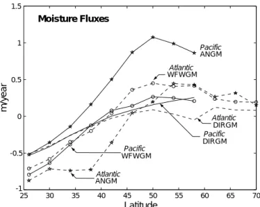 Figure 10. Zonally averaged, annual mean moisture fluxes into the ocean (m/yr) for: Pacific (solid lines) and Atlantic (dashed lines); DIRGM, ANGM (stars), and WFWGM (circles)