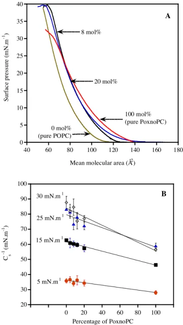 Fig. 2. (A) p –A isotherms of PoxnoPC, POPC and their mixtures (subphase ultrapure water pH 5.6, T = 20  1  C, compression speed 5 cm 2 min 1 )