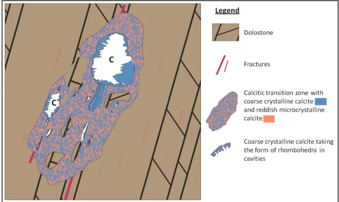 Figure  1.  Sketch  showing  the  main  features  of  a  typical  karst  cavity  (C)  developed  in  waulsortian  dolostones