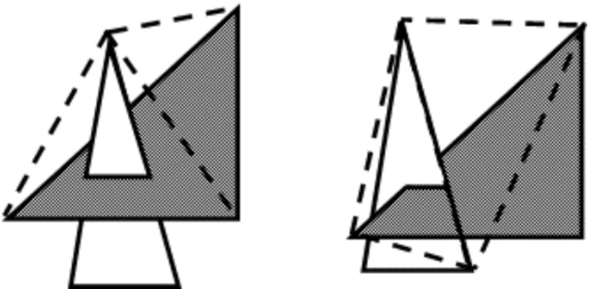Figure 2-3: Considered Finite Element Contact Types and Resultant Intersection Tetrahedrons for DCR Method are node-face intersection (left) and edge-edge  inter-section (right)