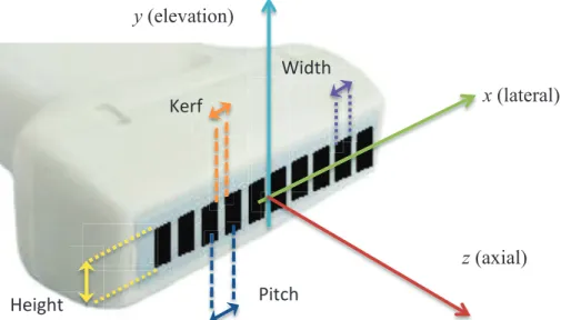 Figure 1.4: Schematization of a linear array with the width, height, pitch and kerf parameters of the  individual element and the landmark (x, y, z)