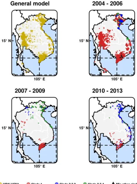 Figure 2.  Distribution maps of outbreaks. Distribution of outbreaks (yellow) used for the HPAI H5N1  general model (top left), and maps of one realization of the outbreaks with clade assignation for the three time  periods