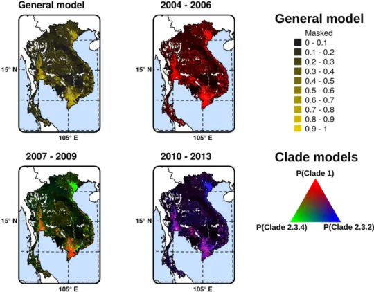 Figure 3.  Suitability model predictions. General HPAI H5N1 suitability model (P(HPAI)) for the entire time  period (a); and for each clade P(Clade) in their respective time periods (b), with colour intensity proportional  to the predicted suitability for 