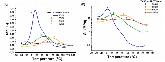 Table 3 Glass transition temperature T g  (°C) for the IPN synthetized using blends of different  TMPTA/EPOX ratio  Ratio of   T g  (DMA)  T g  (DSC)  TMPTA / EPOX  (°C)  (°C)  20/80  20  12  50/50  64  33  80/20  97  46  100/0  -  81 