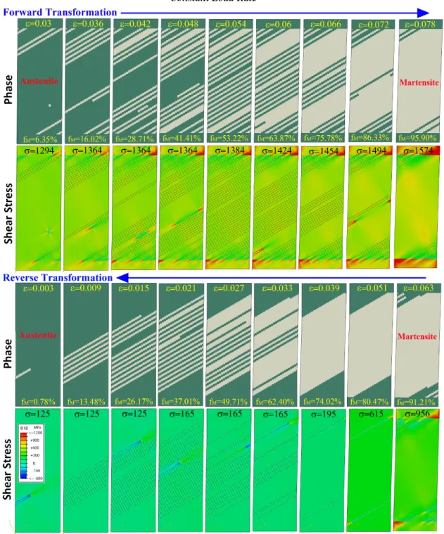 Figure 5. Phase configurations (austenite in green and martensite in beige) and the corresponding resolved  shear  stress  distributions  during  forward  transformations  (top  two  rows  of  figures)  and  reverse  transformations (bottom two rows of fig