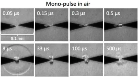 Figure 1.3: Single-shot schlieren images capturing the hydrodynamic eﬀects induced by a single NRP discharge in air