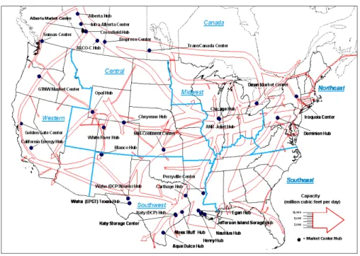 Figure 1-5: Map of natural gas market centers in the United States, 2009 The price diﬀerential between Henry Hub and other hubs around the country, such as New England’s Algonquin, reflects the transportation cost between these two hubs.