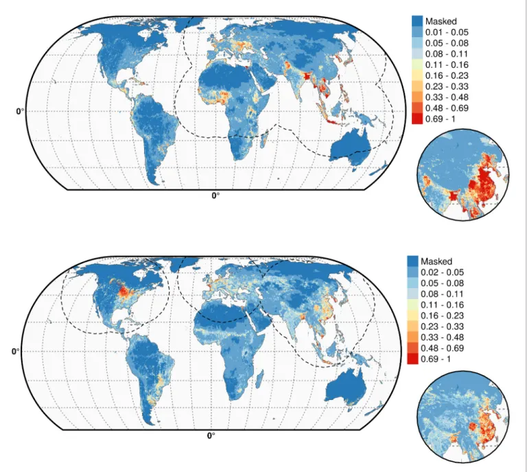Figure 4. Predicted probability of occurrence of HPAI H5N1 and H5Nx clade 2.3.4.4. Predicted probability of occurrence of HPAI H5N1 for the Set 1 (top) and of H5Nx clade 2.3.4.4 for the Set 4 (bottom) (Figure 4—source datas 1 and 2 respectively)