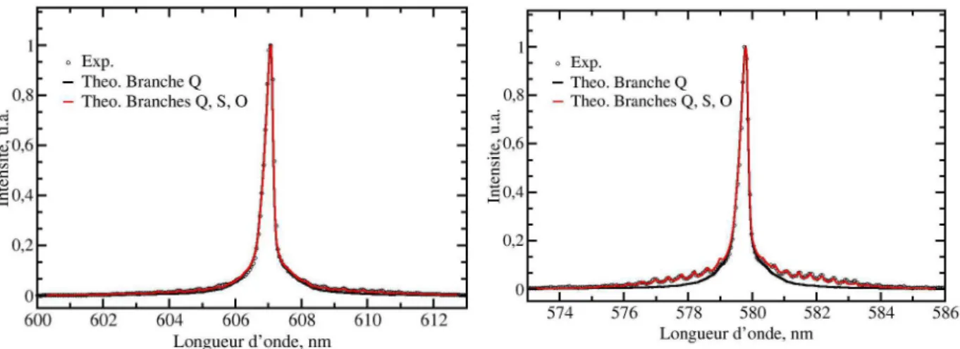 Figure  1-8 : Comparaison entre un spectre expérimental de  N 2   froid  excité à 532 nm  (en cercle) avec des spectres  synthétiques calculés à 300 K avec la branche Q seule (trait  noir) et avec les branches Q, S et O (trait rouge)