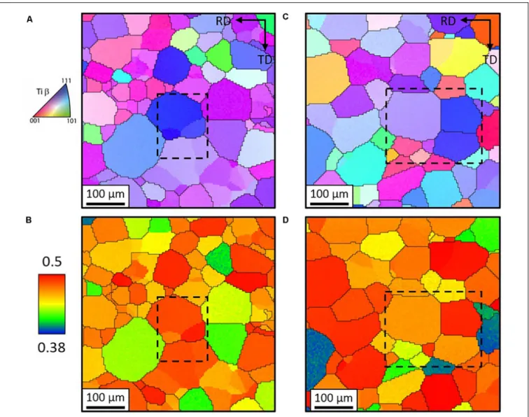 FIGURE 3 | Electron backscatter diffraction maps of initial microstructures before deformation of (A,B) Ti–12Mo and (C,D) Ti–8.5Cr–1.5Sn