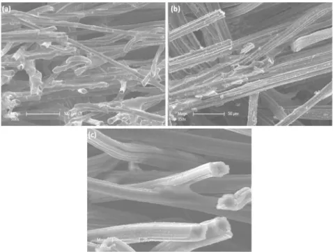 Fig. 4. SEM images corresponding to samples CA0 (a), CA50 (b), and CA10 (c) observed at different magniﬁcations (a) 500, (b) 350 and (c) 2000.