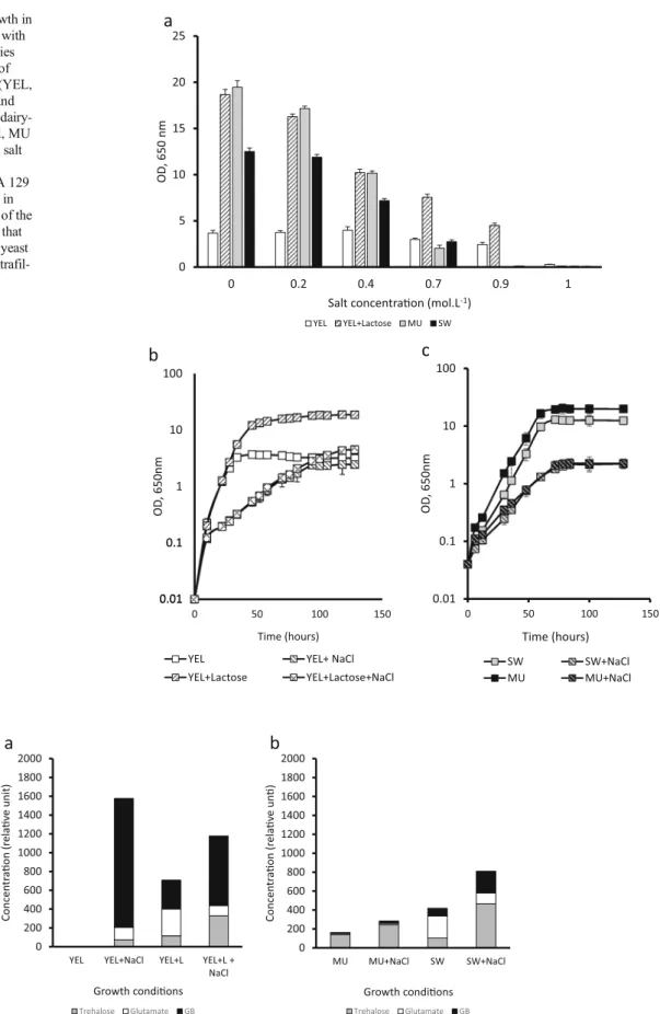 Fig. 2 P freudenreichii osmoprotectants accumulation is medium- medium-dependent. P. freudenreichii CIRM-BIA 129 was cultivated in  YEL-type media (a) and dairy-YEL-type media (b) with or without NaCl.