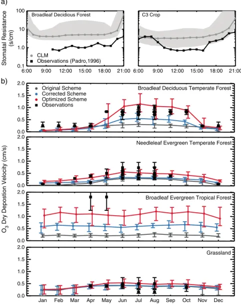 Figure 2. Comparison of modeled and observed (a) daytime stomatal resistance ( R s ) and (b) midday O 3 dry deposi- deposi-tion velocity ( V d )