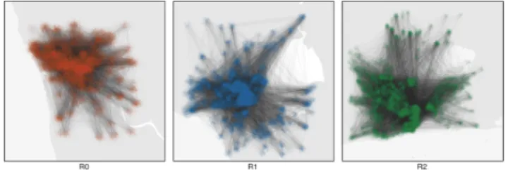 FIG. 1. A small sample of calls between residents is shown for each of three cities. CDRs provide the location of each caller as well as record of communication between then