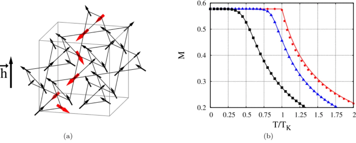 FIG. 1: (a) The pyrochlore lattice with spins satisfying the ice rules. H ~ is given along the [100] direction