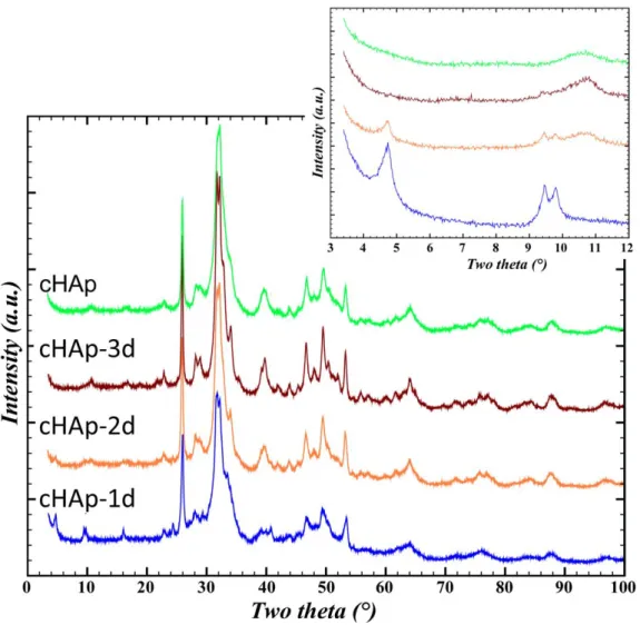 Figure 7. X-ray diffraction powder patterns of cHAp-1d, cHAp-2d and cHAp-3d (powders containing OCP  as a contaminant phase) and cHAp
