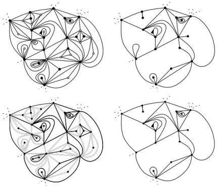 Figure 1. Left column: a piece of a percolated triangulation (site-percolation on the first row, bond-percolation on the second row)