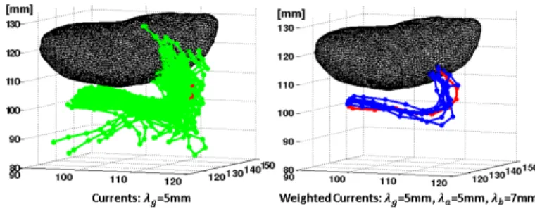 Fig. 2. Streamlines that have an angle smaller than 45 degrees with the red one using currents (green, #118) and weighted currents (blue, #8).