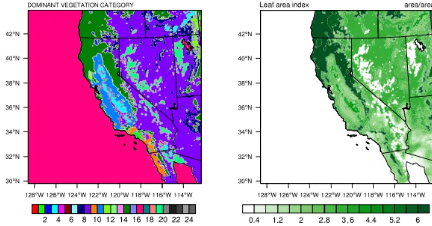 Figure 2. The complex topography and land cover of the study domain is represented here by: (left) Dominant vegetation type and (right) Leaf Area Index (LAI) from USGS used by the WRF model