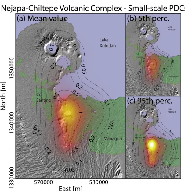 Figure 7. Density distribution of the probability of vent opening at the Nejapa-Chiltepe volcanic complex associated with the occurrence of volcanic activity able to produce small-scale pyroclastic density currents