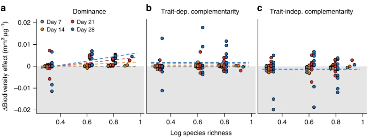Figure 2 | Stress-induced changes in biodiversity effects. Changes in (a) dominance, (b) trait-dependent and (c) trait-independent complementarity effect at day 8 (grey), 14 (orange), 21 (red) and 28 (blue) of the experiment