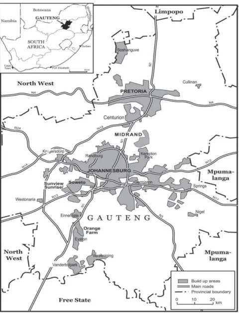 Figure  n°3,  carte  de  Johannesburg  dans  le  Gauteng,  auteur  :  K.  Lévy,  adaptée de D
