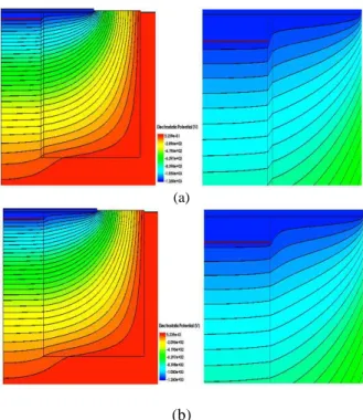 Figure 12: The distribution of potential lines in the  structure and its zoom with (a) and without (b) void