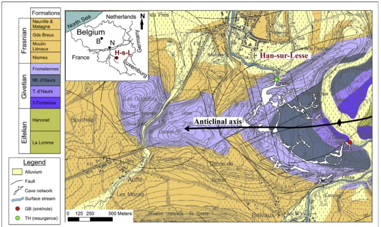 Fig. 3. Location and geological setting of the Han-sur-Lesse karstic network. Karst is developed mainly along the intensely fractured fold axis in the Givetian limestones