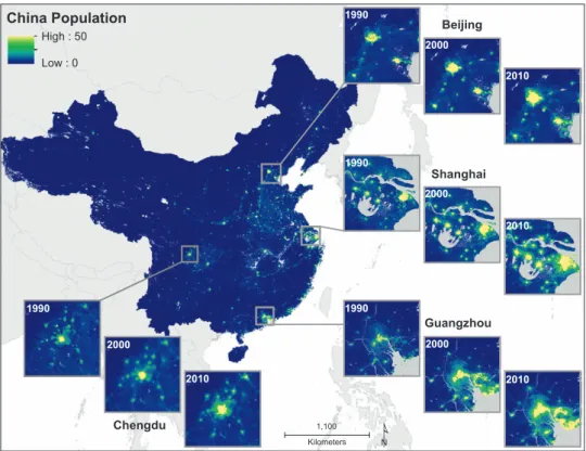 Figure 5. Predicted people per grid cell across mainland China with subsets highlighting the speci ﬁ c years 1990, 2000, and 2010