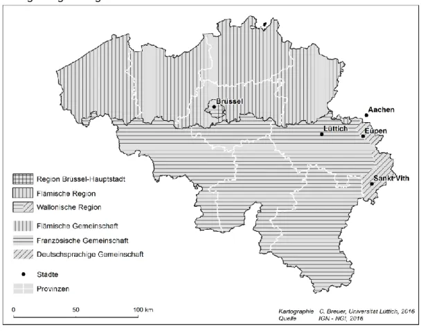 Abbildung  1:  Die  Position  der  Deutschsprachigen  Gemeinschaft  im  zweigliedrigen belgischen Föderalismus und in der Provinz Lüttich 12