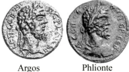 Fig. 8 : comparaison entre le droit représentant Septime Sévère sur une monnaie argienne   et sur une autre de Phlionte 