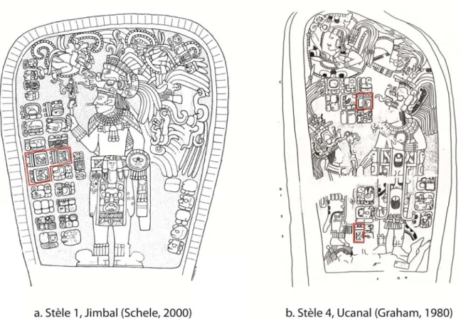 Figure 2 sont inté Figure 2 Dieu L p (à droite) .11 : stèles dugrés des glyp.12 :  peinturportant un co), face à un c u Classique t phes calendaire murale de stume-jaguaracaotier (à ga terminal de J res issus de syl’Epiclassiqur avec son caauche)  133  Jim