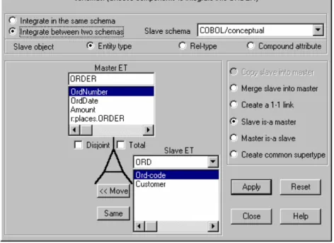 Fig. 11.  The integration assistant.  Entity types ORDER in schema SQL/Conceptual and ORD in schema  COBOL/Conceptual are examined for integration