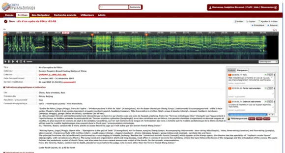 Figure  5.  Screenshot  of  the  spectral  view  of  a  song  from  an  Opera  of  Beijing’s  performance  with markers and the corresponding comments (on the right)