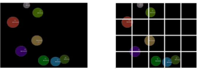 Figure 4 shows a grid of one camera view cutting people represented by colored circles.