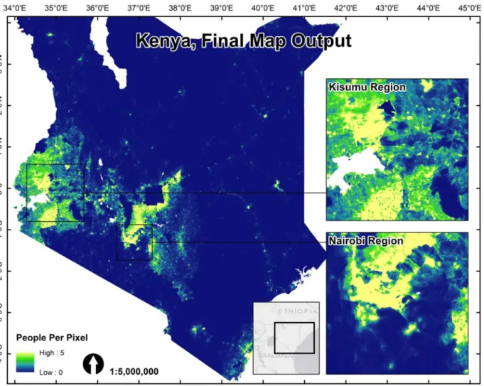 Fig 2. The final redistributed population map for the Kenyan 1999 census data. Both census counts and the Random Forest predicted weighting layer for dasymetric redistribution were based on the finest level administrative units (Level 4) where a complete, 