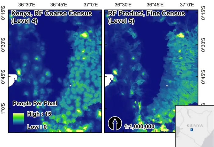 Fig 5. A visual comparison of Kenyan population maps for census data in 1999 produced at coarser administrative unit (Level 4) and finer-scale administrative unit (Level 5)