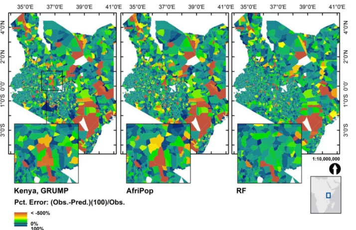 Fig 6. For Kenya we compared the summed predictions of population maps estimated using coarse census data (Level 4, “ Division ” level) to population counts at Level 5 (finer scale) units