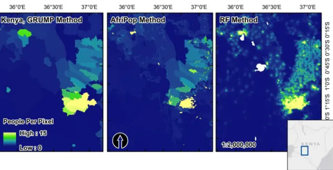 Fig 7. Visual comparisons of GRUMP, AfriPop and the RF-based population map from this study