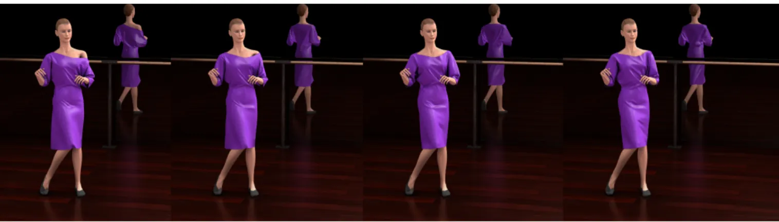Fig. 1. Our implicit solver simultaneously resolves cloth elasticity, non-penetration and exact Coulomb friction constraints at every body-cloth and cloth-cloth contact, largely improving physical realism over previous methods