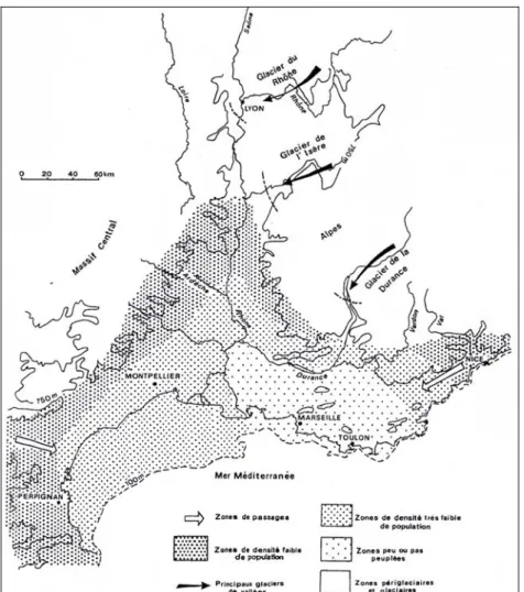 Figure 8 : Répartition générale des peuplements préhistoriques au Paléolithique supérieur dans les régions méditerranéennes françaises  (Bonifay E